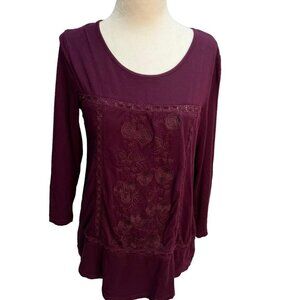 𝅺cable & Guage Burgundy 3/4 Sleeve Round Neck T-Shirt Top Size S